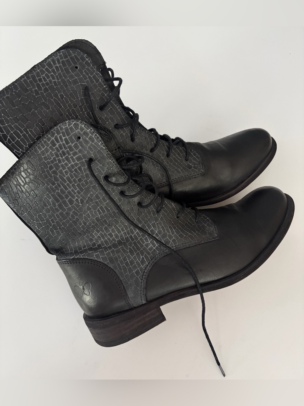 Felmini “Falling In Love" Shoes Moto Boots Lace Up Black/Gray Leather size 11